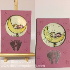 moon baby, schüttelkarte, geburtskarte, zarte Pflaume